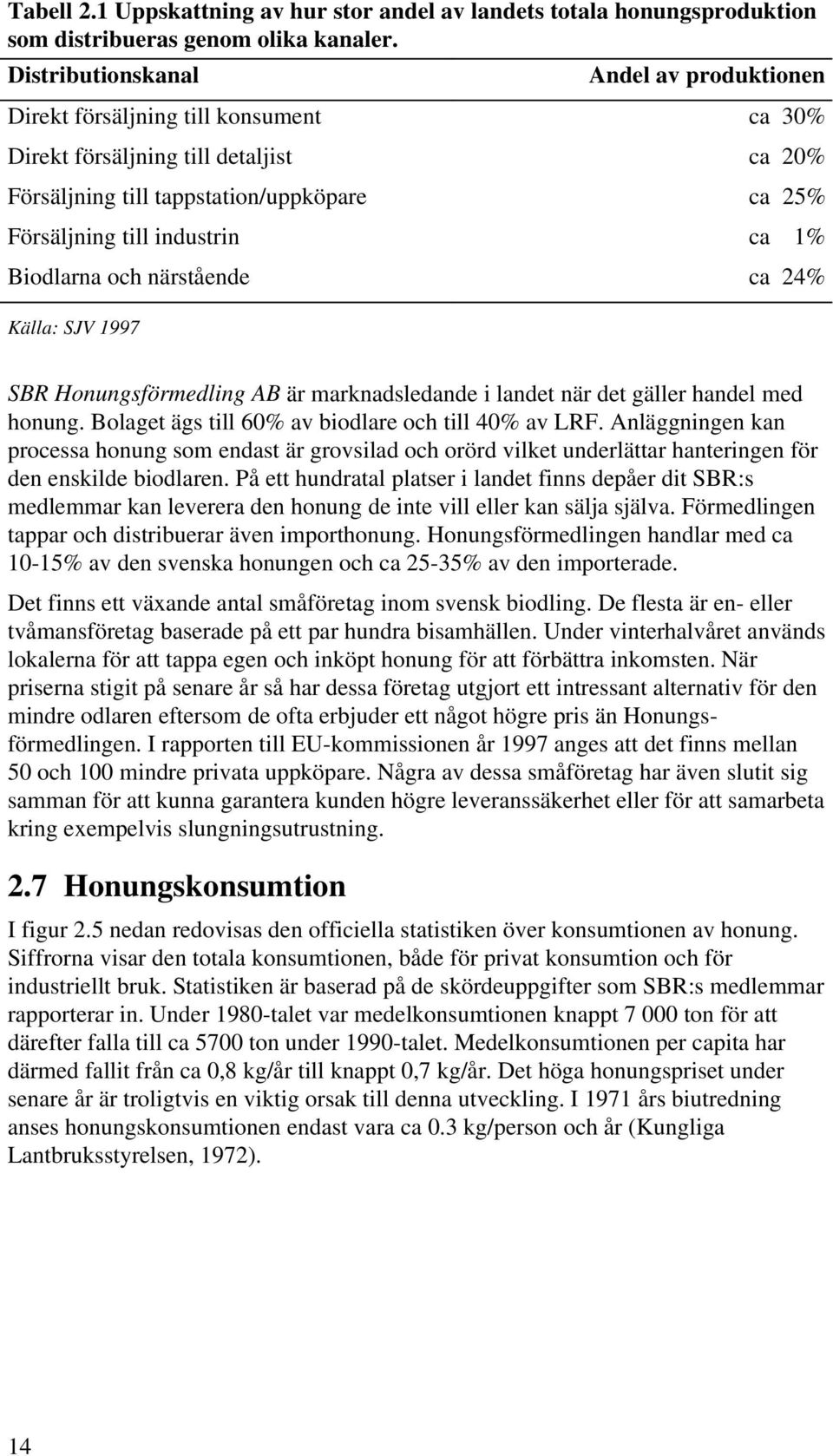 1% Biodlarna och närstående ca 24% Källa: SJV 1997 SBR Honungsförmedling AB är marknadsledande i landet när det gäller handel med honung. Bolaget ägs till 60% av biodlare och till 40% av LRF.