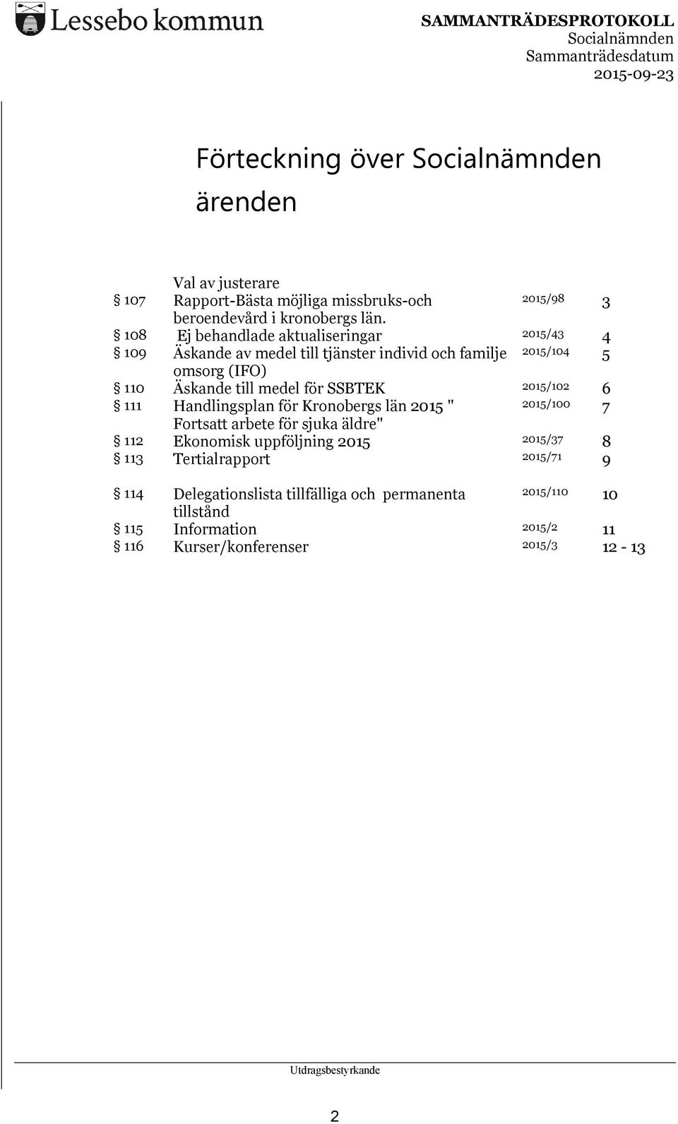 för SSBTEK 2015/102 6 111 Handlingsplan för Kronobergs län 2015 " 2015/100 7 Fortsatt arbete för sjuka äldre" 112 Ekonomisk uppföljning 2015