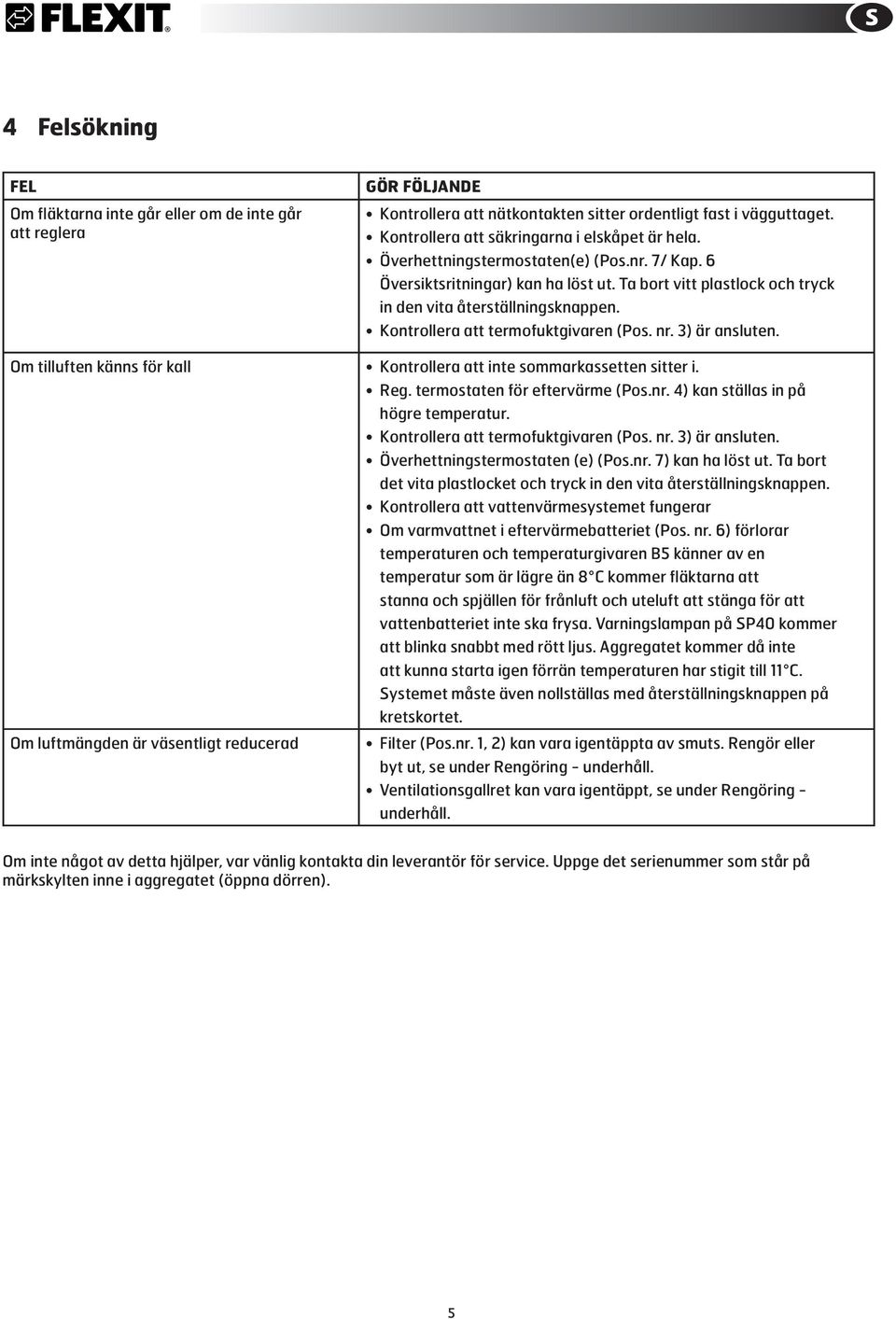 3) är ansluten. Om tilluften känns för kall Kontrollera att inte sommarkassetten sitter i. Reg. termostaten för eftervärme (Pos.nr. 4) kan ställas in på högre temperatur.