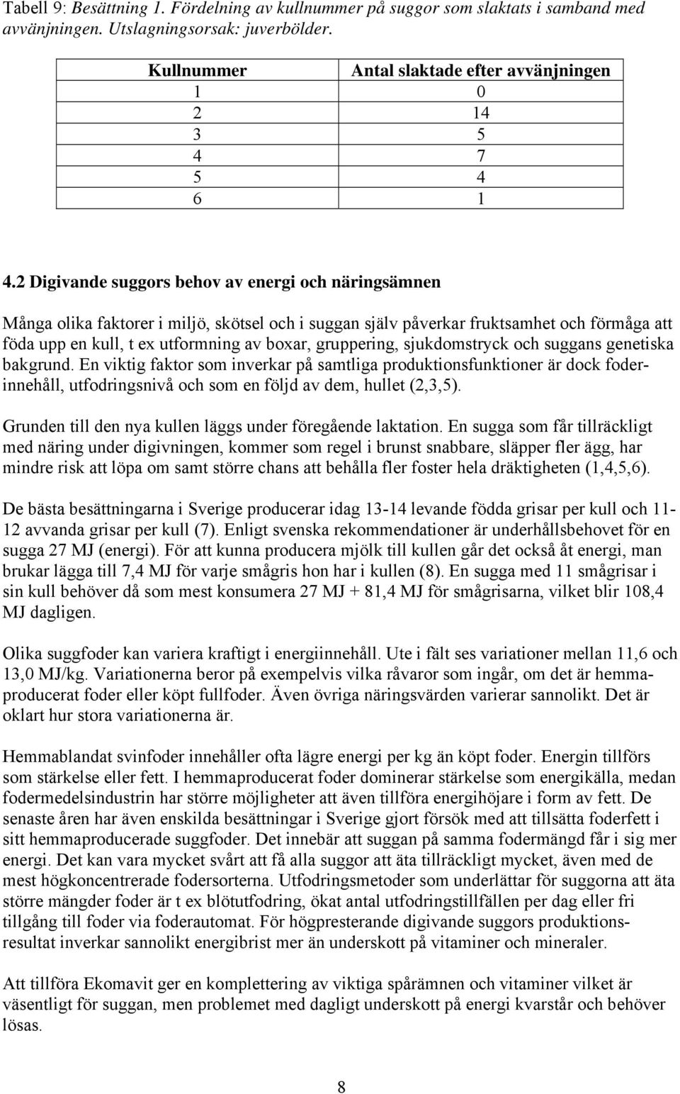 2 Digivande suggors behov av energi och näringsämnen Många olika faktorer i miljö, skötsel och i suggan själv påverkar fruktsamhet och förmåga att föda upp en kull, t ex utformning av boxar,