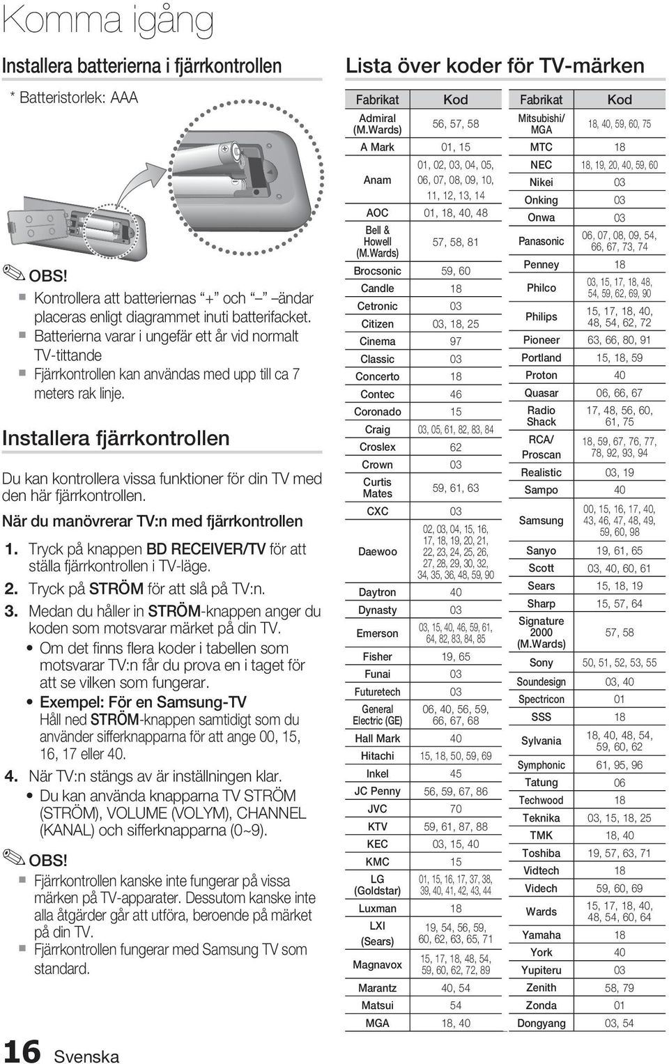 Installera fjärrkontrollen Du kan kontrollera vissa funktioner för din TV med den här fjärrkontrollen. När du manövrerar TV:n med fjärrkontrollen 1.