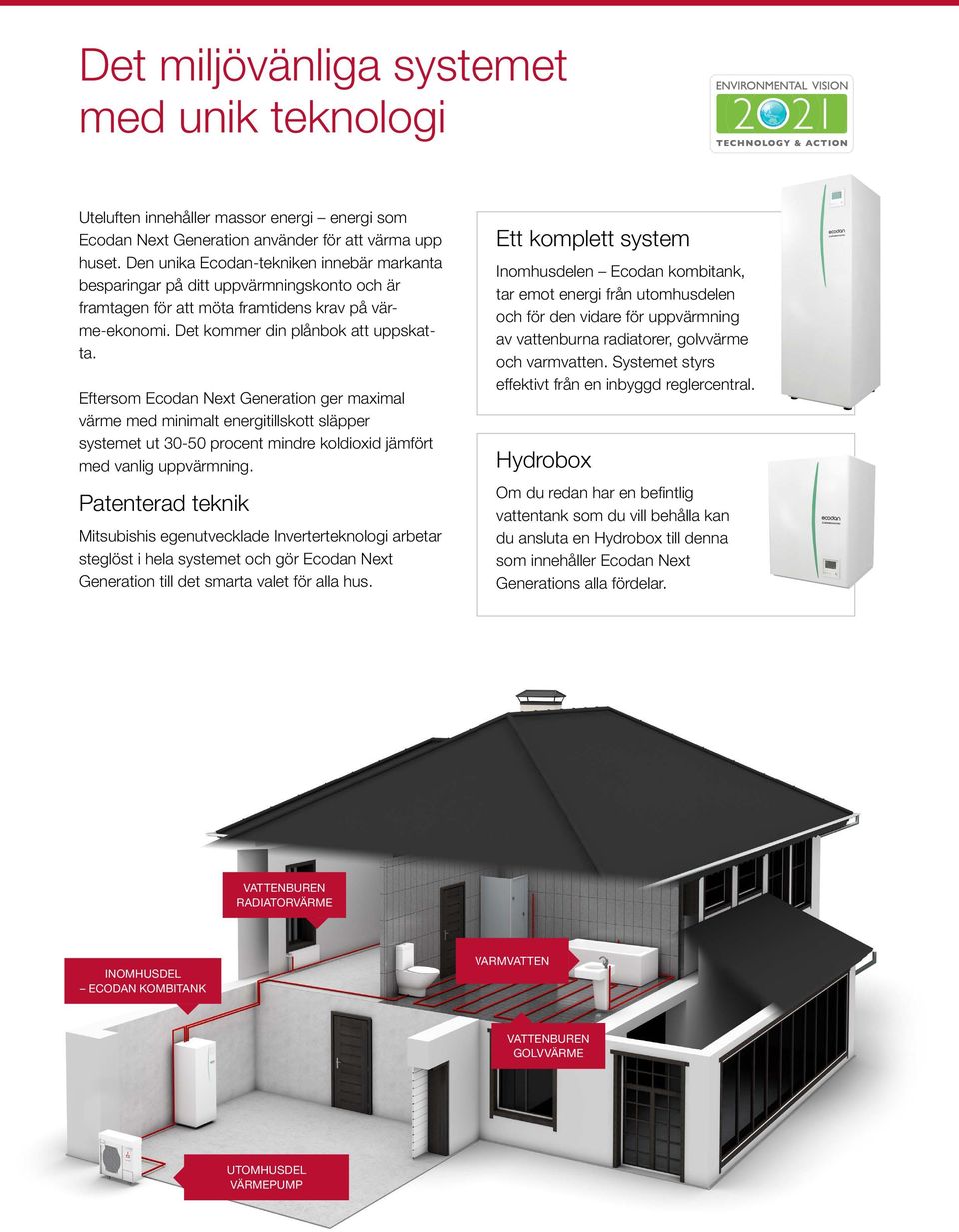 Eftersom Ecodan Next Generation ger maximal värme med minimalt energitillskott släpper systemet ut 30-50 procent mindre koldioxid jämfört med vanlig uppvärmning.
