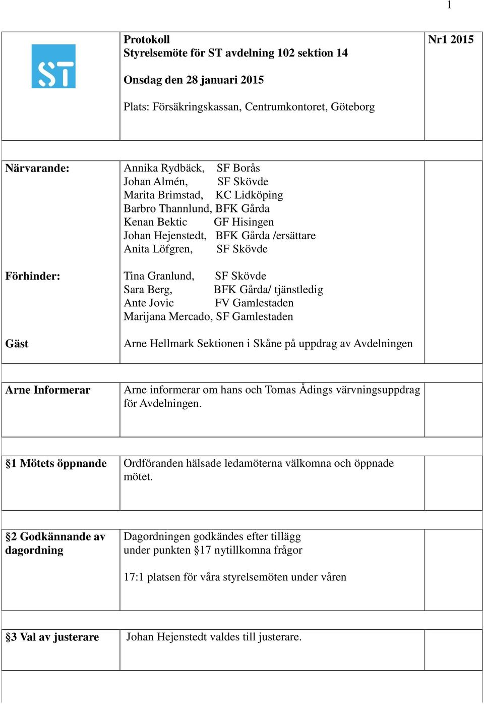 Berg, BFK Gårda/ tjänstledig Ante Jovic FV Gamlestaden Marijana Mercado, SF Gamlestaden Arne Hellmark Sektionen i Skåne på uppdrag av Avdelningen Arne Informerar Arne informerar om hans och Tomas