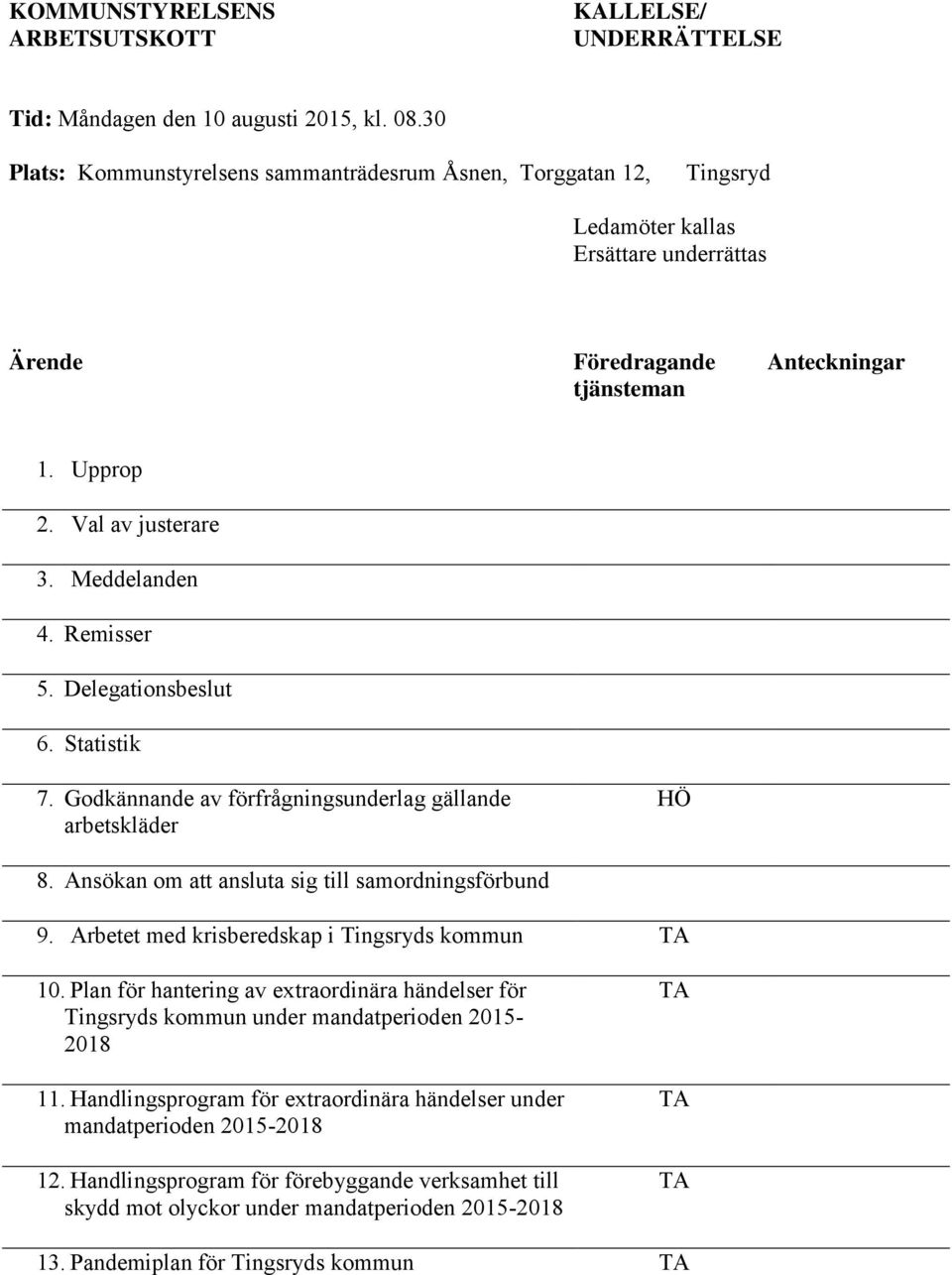 Meddelanden 4. Remisser 5. Delegationsbeslut 6. Statistik 7. Godkännande av förfrågningsunderlag gällande arbetskläder HÖ 8. Ansökan om att ansluta sig till samordningsförbund 9.