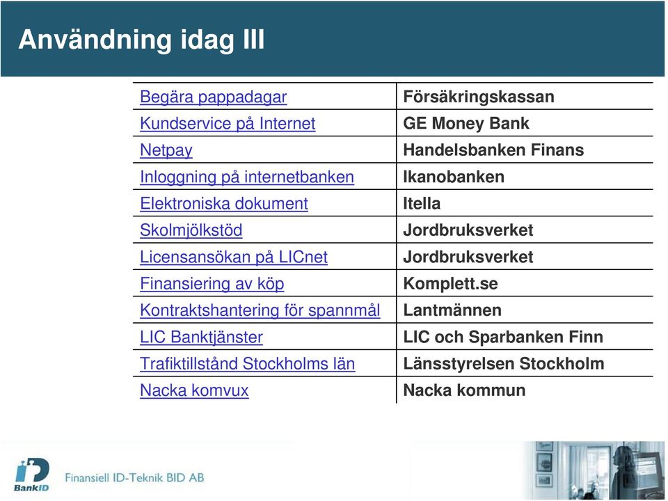 spannmål LIC Banktjänster Trafiktillstånd Stockholms län Nacka komvux GE Money Bank Handelsbanken Finans