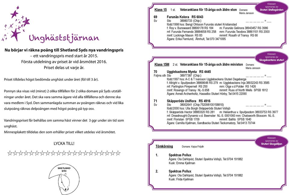 Det ska vara samma ägare vid alla tillfällena och denne ska vara medlem i Syd. Den sammanlagda summan av poängen räknas och vid lika slutpoäng räknas del poängen med högst poäng på typ osv.