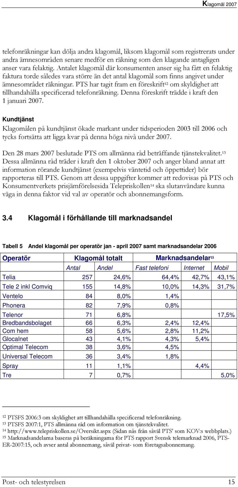 PTS har tagit fram en föreskrift 12 om skyldighet att tillhandahålla specificerad telefonräkning. Denna föreskrift trädde i kraft den 1 januari 2007.