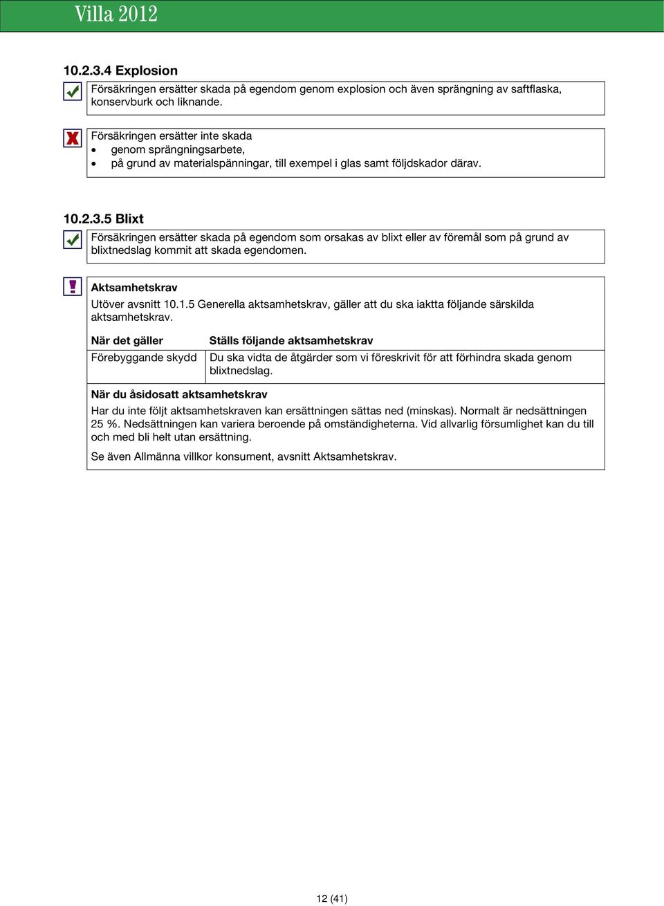 5 Blixt Försäkringen ersätter skada på egendom som orsakas av blixt eller av föremål som på grund av blixtnedslag kommit att skada egendomen. Aktsamhetskrav Utöver avsnitt 10
