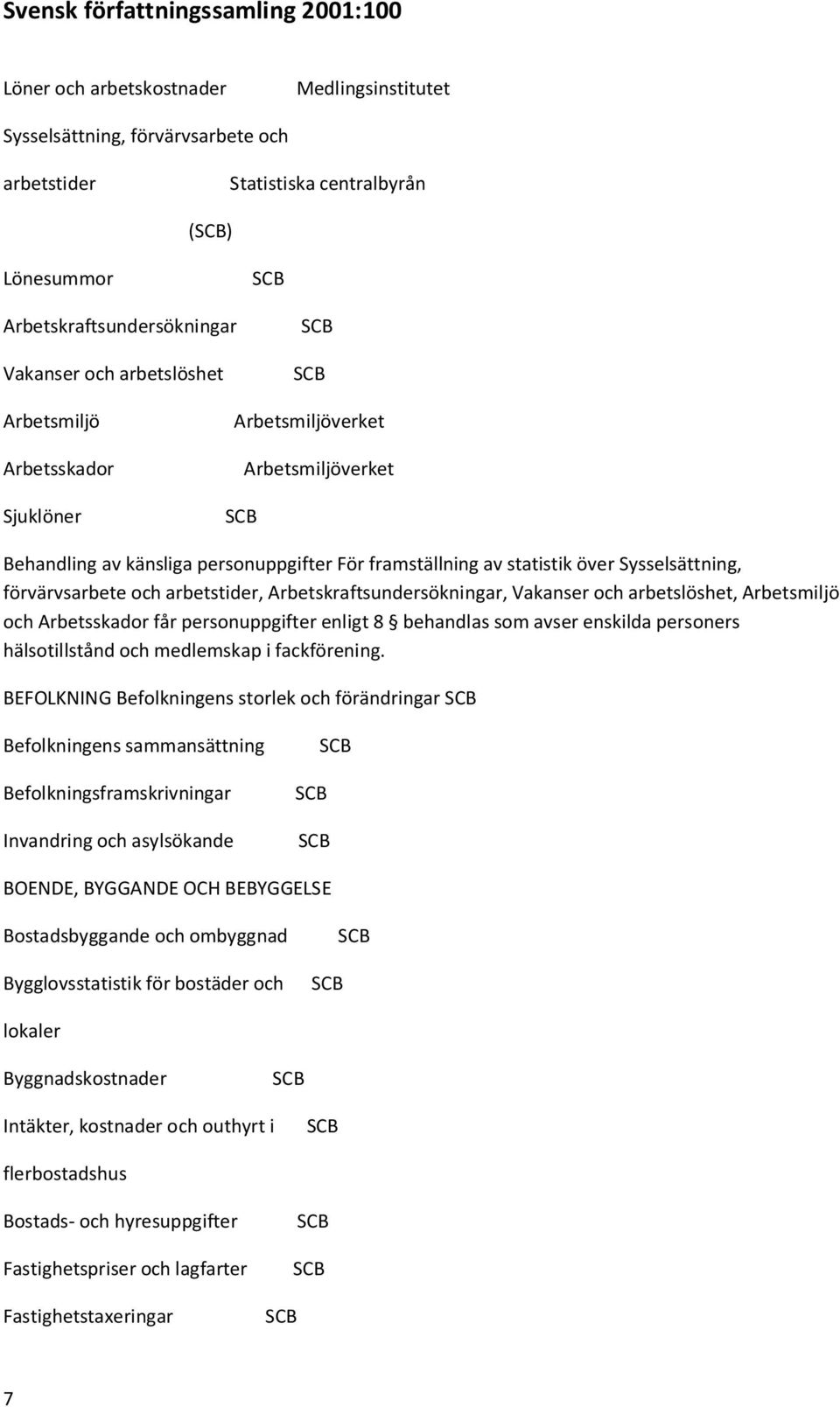 Arbetskraftsundersökningar, Vakanser och arbetslöshet, Arbetsmiljö och Arbetsskador får personuppgifter enligt 8 behandlas som avser enskilda personers hälsotillstånd och medlemskap i fackförening.