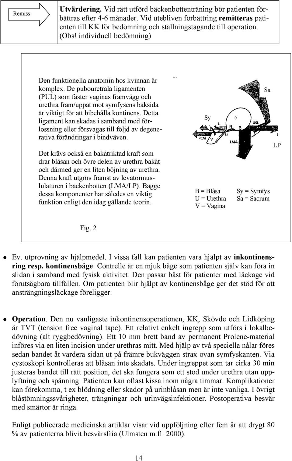 De pubouretrala ligamenten (PUL) som fäster vaginas framvägg och urethra fram/uppåt mot symfysens baksida är viktigt för att bibehålla kontinens.