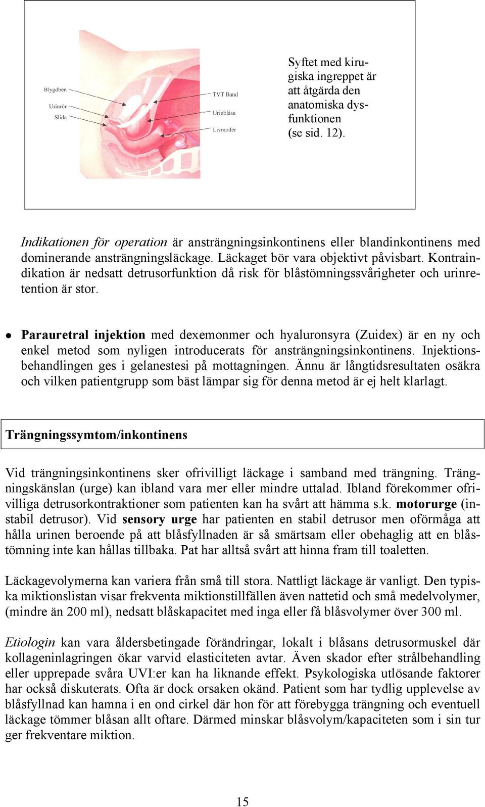 Kontraindikation är nedsatt detrusorfunktion då risk för blåstömningssvårigheter och urinretention är stor.