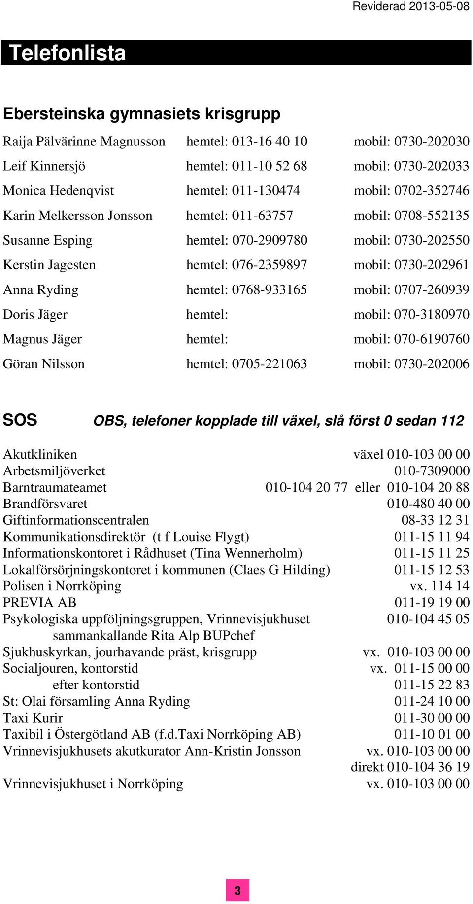 0730-202961 Anna Ryding hemtel: 0768-933165 mobil: 0707-260939 Doris Jäger hemtel: mobil: 070-3180970 Magnus Jäger hemtel: mobil: 070-6190760 Göran Nilsson hemtel: 0705-221063 mobil: 0730-202006 SOS