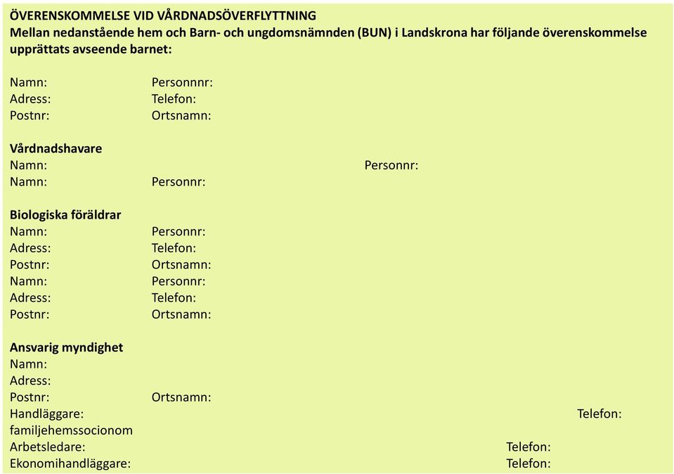 Postnr: Namn: Adress: Postnr: Personnnr: Telefon: Ortsnamn: Personnr: Personnr: Telefon: Ortsnamn: Personnr: Telefon: Ortsnamn: