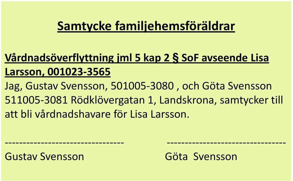 Rödklövergatan 1, Landskrona, samtycker till att bli vårdnadshavare för Lisa Larsson.