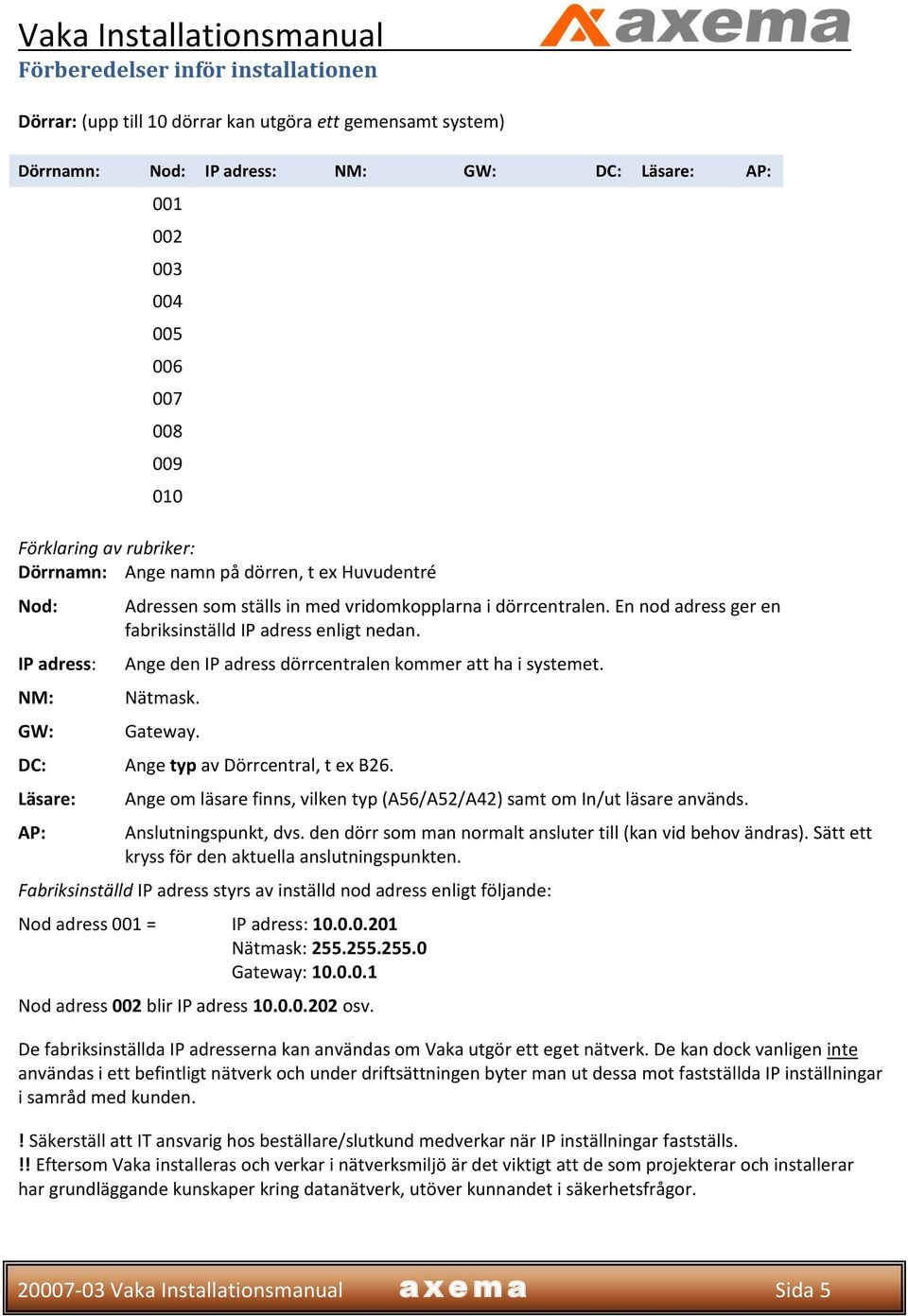 En nod adress ger en fabriksinställd IP adress enligt nedan. Ange den IP adress dörrcentralen kommer att ha i systemet. Nätmask. Gateway. DC: Ange typ av Dörrcentral, t ex B26.