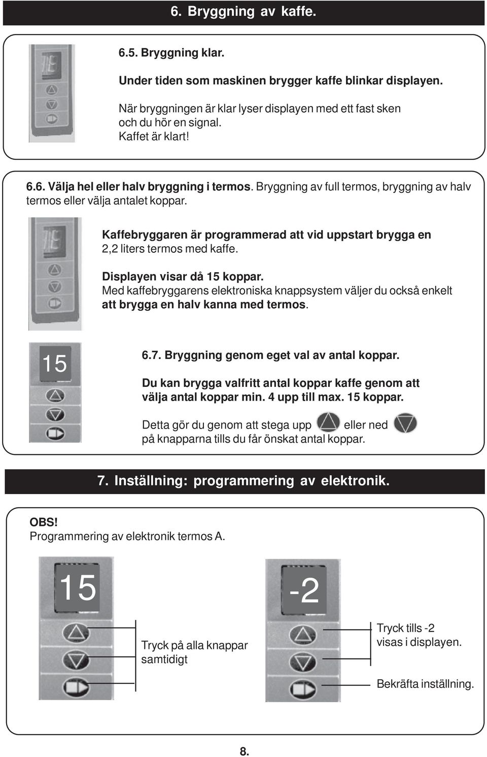 Kaffebryggaren är programmerad att vid uppstart brygga en 2,2 liters termos med kaffe. Displayen visar då 15 koppar.
