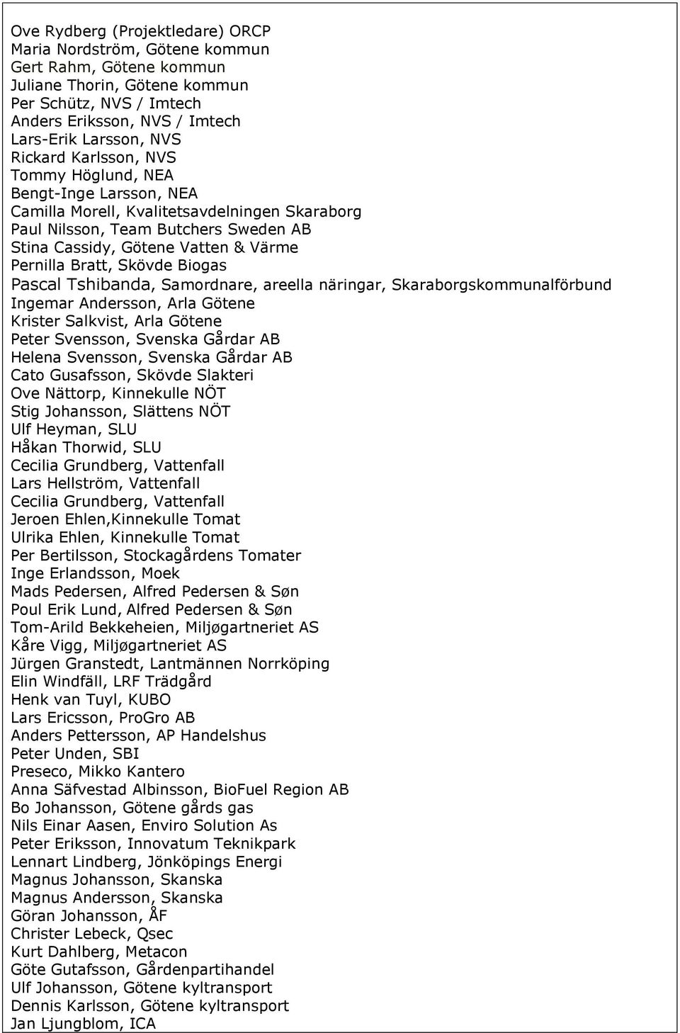 Bratt, Skövde Biogas Pascal Tshibanda, Samordnare, areella näringar, Skaraborgskommunalförbund Ingemar Andersson, Arla Götene Krister Salkvist, Arla Götene Peter Svensson, Svenska Gårdar AB Helena