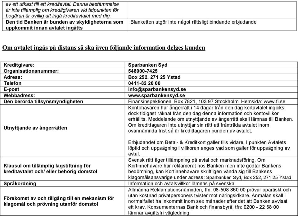 delges kunden Kreditgivare: Sparbanken Syd Organisationsnummer: 548000-7425 Adress: Box 252, 271 25 Ystad Telefon 0411-82 20 00 E-post info@sparbankensyd.