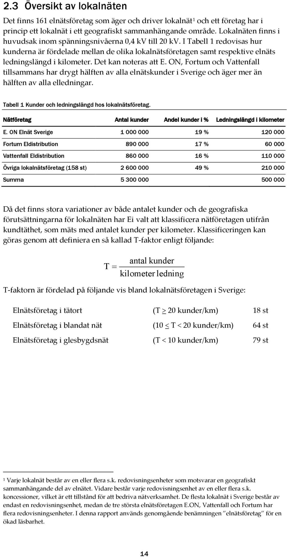 I Tabell 1 redovisas hur kunderna är fördelade mellan de olika lokalnätsföretagen samt respektive elnäts ledningslängd i kilometer. Det kan noteras att E.