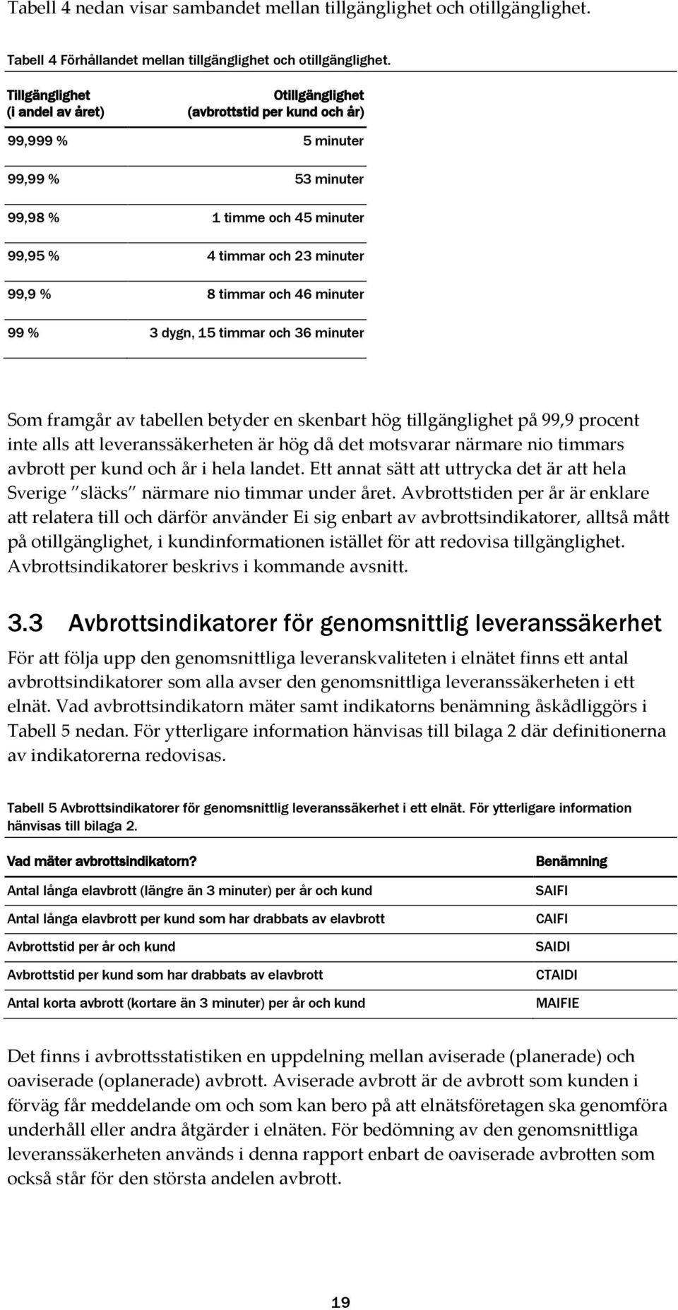 46 minuter 99 % 3 dygn, 15 timmar och 36 minuter Som framgår av tabellen betyder en skenbart hög tillgänglighet på 99,9 procent inte alls att leveranssäkerheten är hög då det motsvarar närmare nio