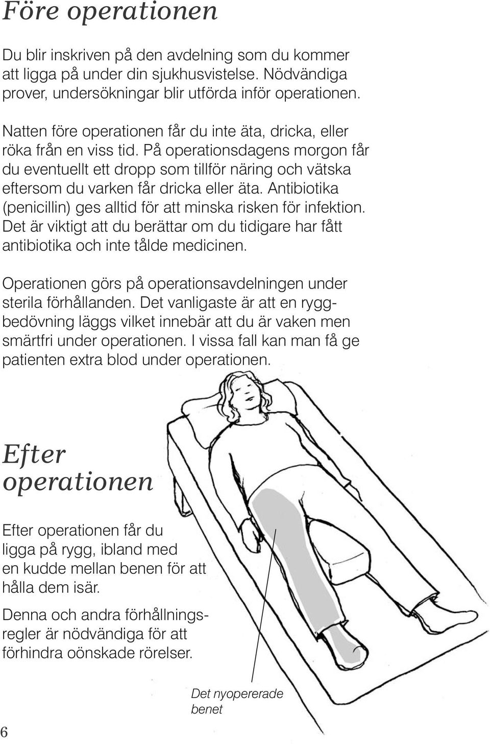 På operationsdagens morgon får du eventuellt ett dropp som tillför näring och vätska eftersom du varken får dricka eller äta. Antibiotika (penicillin) ges alltid för att minska risken för infektion.