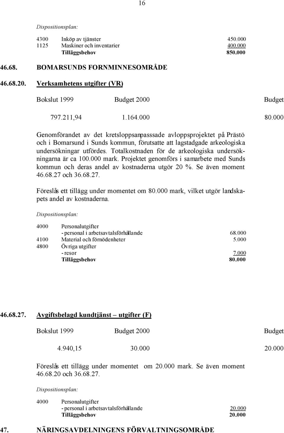 Totalkostnaden för de arkeologiska undersökningarna är ca 100.000 mark. Projektet genomförs i samarbete med Sunds kommun och deras andel av kostnaderna utgör 20 %. Se även moment 46.68.27 