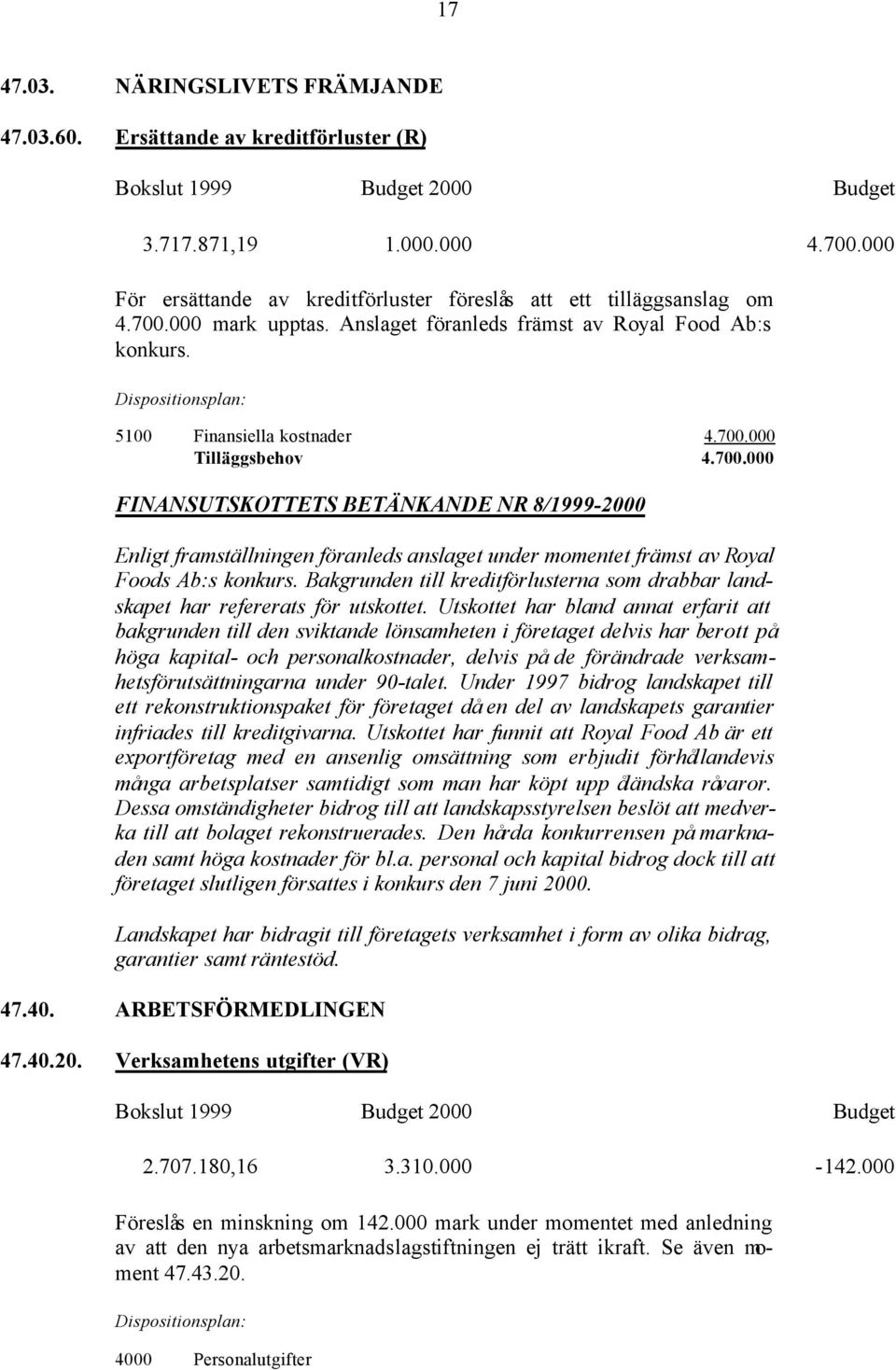 000 Tilläggsbehov 4.700.000 FINANSUTSKOTTETS BETÄNKANDE NR 8/1999-2000 Enligt framställningen föranleds anslaget under momentet främst av Royal Foods Ab:s konkurs.