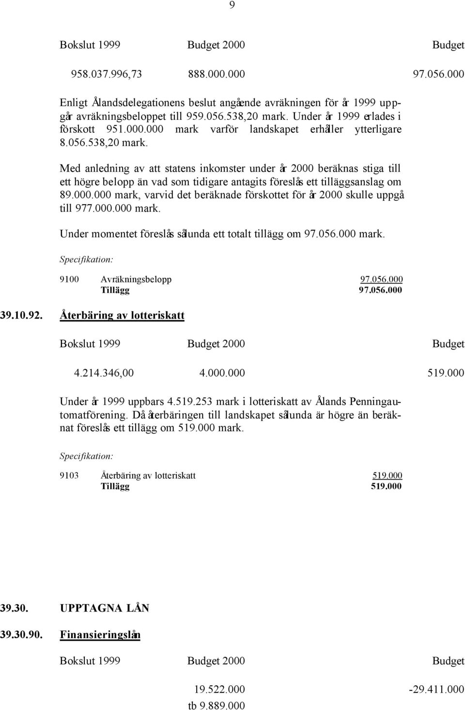 000.000 mark. Under momentet föreslås sålunda ett totalt tillägg om 97.056.000 mark. Specifikation: 9100 Avräkningsbelopp 97.056.000 Tillägg 97.056.000 39.10.92. Återbäring av lotteriskatt 4.214.