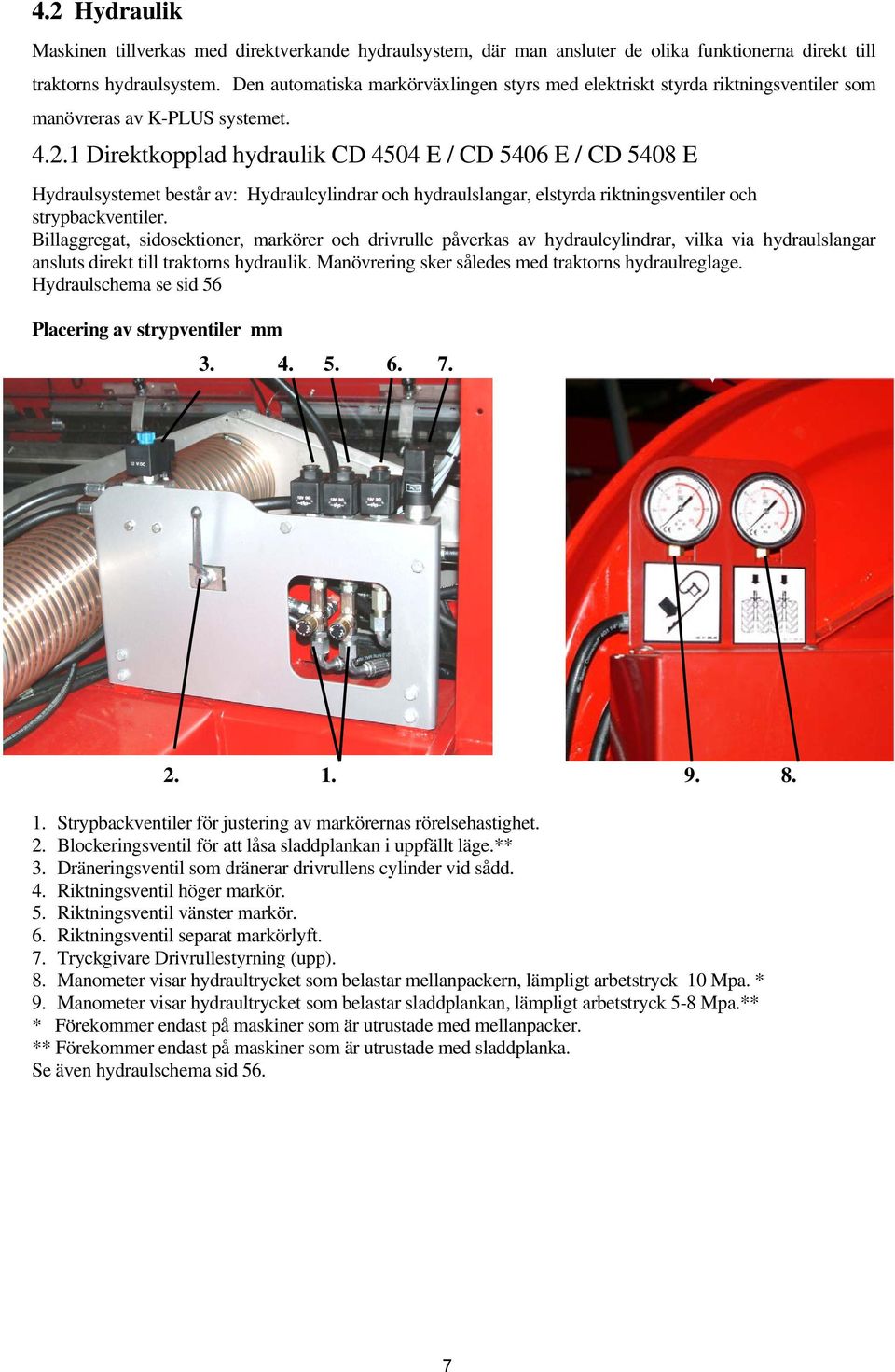 1 Direktkopplad hydraulik CD 4504 E / CD 5406 E / CD 5408 E Hydraulsystemet består av: Hydraulcylindrar och hydraulslangar, elstyrda riktningsventiler och strypbackventiler.