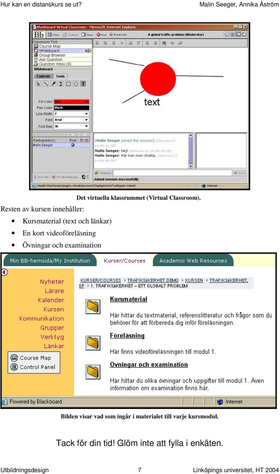 videoföreläsning Övningar och examination Bilden visar vad som ingår i