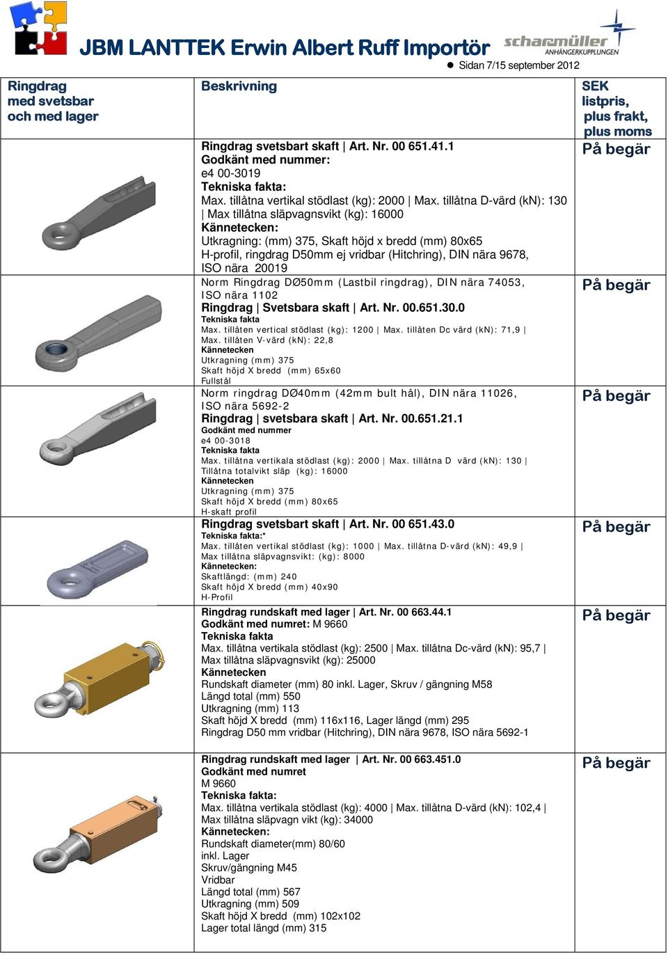 Norm Ringdrag DØ50mm (Lastbil ringdrag), DIN nära 74053, ISO nära 1102 Ringdrag Svetsbara skaft Art. Nr. 00.651.30.0 Max. tillåten vertical stödlast (kg): 1200 Max. tillåten Dc värd (kn): 71,9 Max.