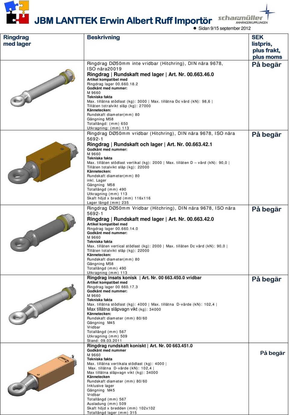 tillåtna Dc värd (kn): 98,6 Tillåten totralvikt släp (kg): 27000 Totallängd: (mm) 650 Utkragning: (mm) 113 Ringdrag DØ50mm vridbar (Hitchring), DIN nära 9678, ISO nära 5692-1 Ringdrag Rundskaft och