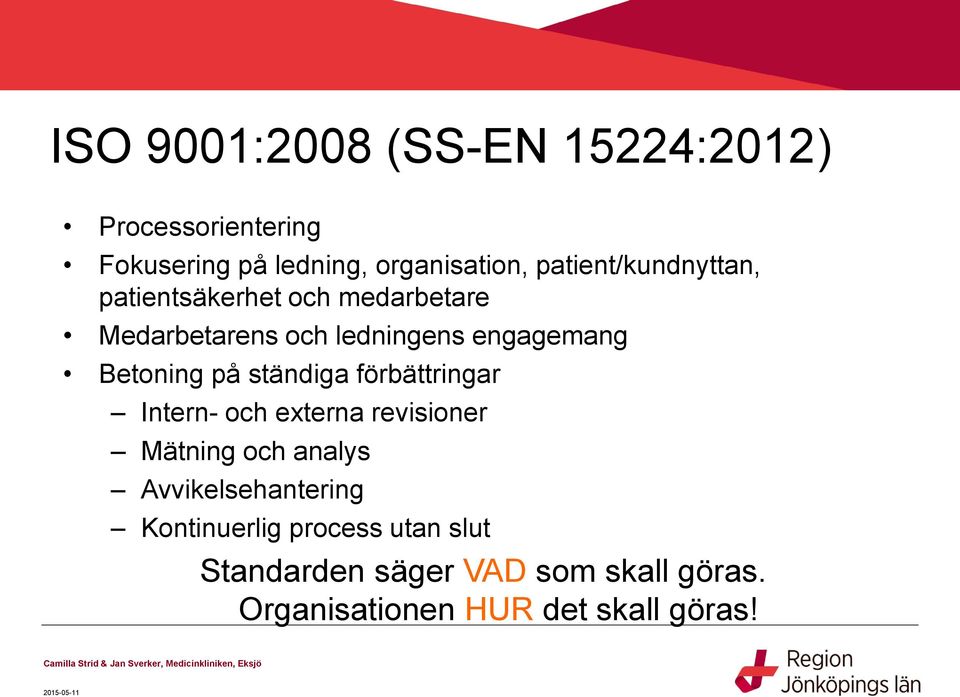 Intern- och externa revisioner Mätning och analys Avvikelsehantering Kontinuerlig process utan slut Standarden