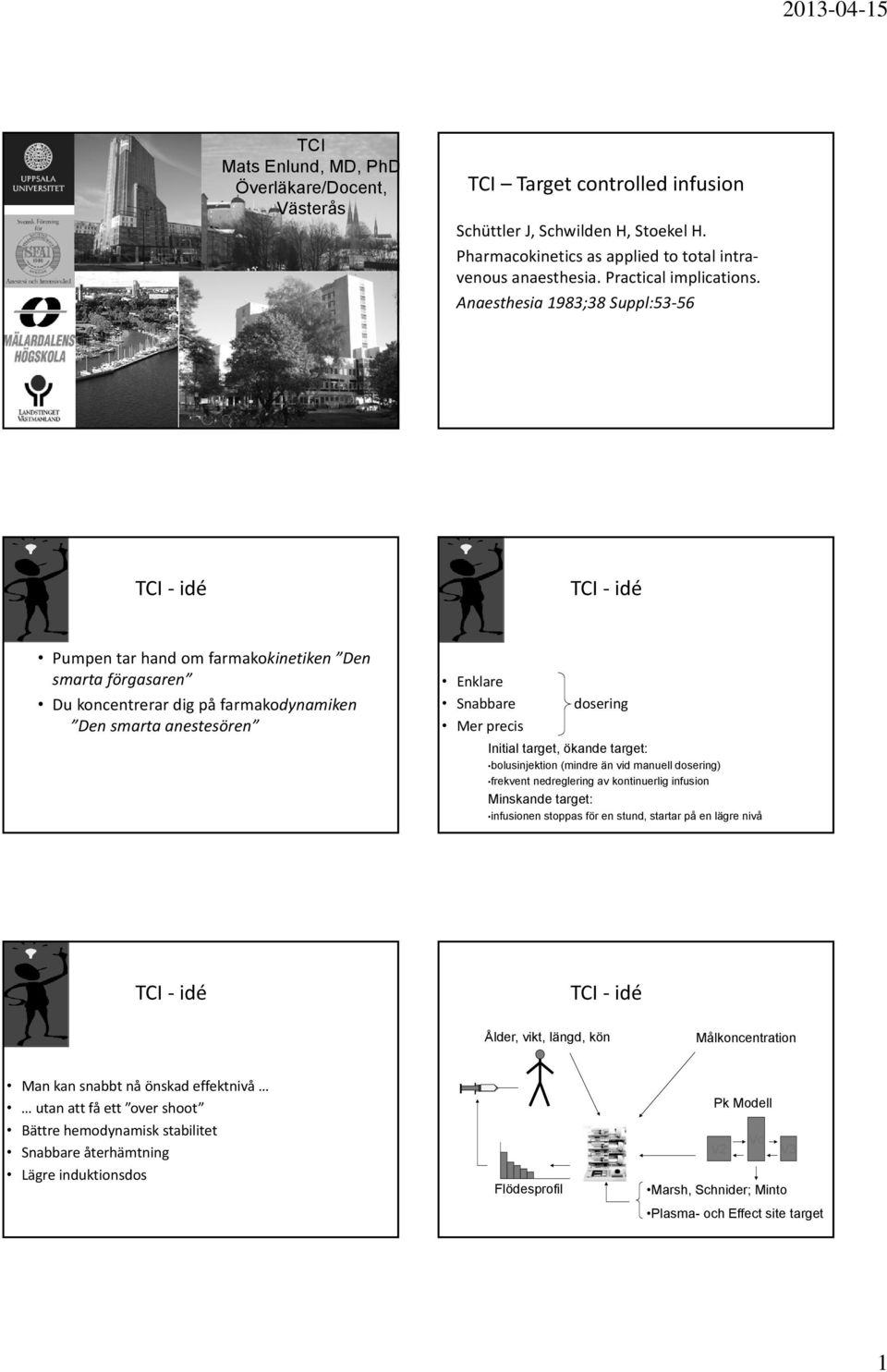 Anaesthesia 1983;38 Suppl:53 56 Pumpen tar hand om farmakokinetiken Den smarta förgasaren Du koncentrerar dig på farmakodynamiken Den smarta anestesören Enklare Snabbare Mer precis dosering Initial