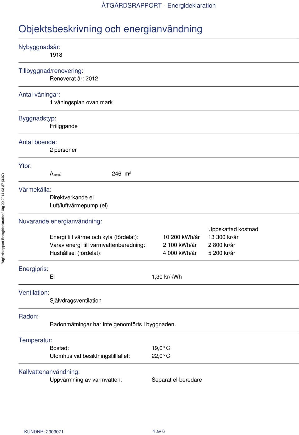 Varav energi till varmvattenberedning: 2 100 kwh/år 2 800 kr/år Hushållsel (fördelat): 4 000 kwh/år 5 200 kr/år Energipris: El 1,30 kr/kwh Ventilation: Självdragsventilation Radon: