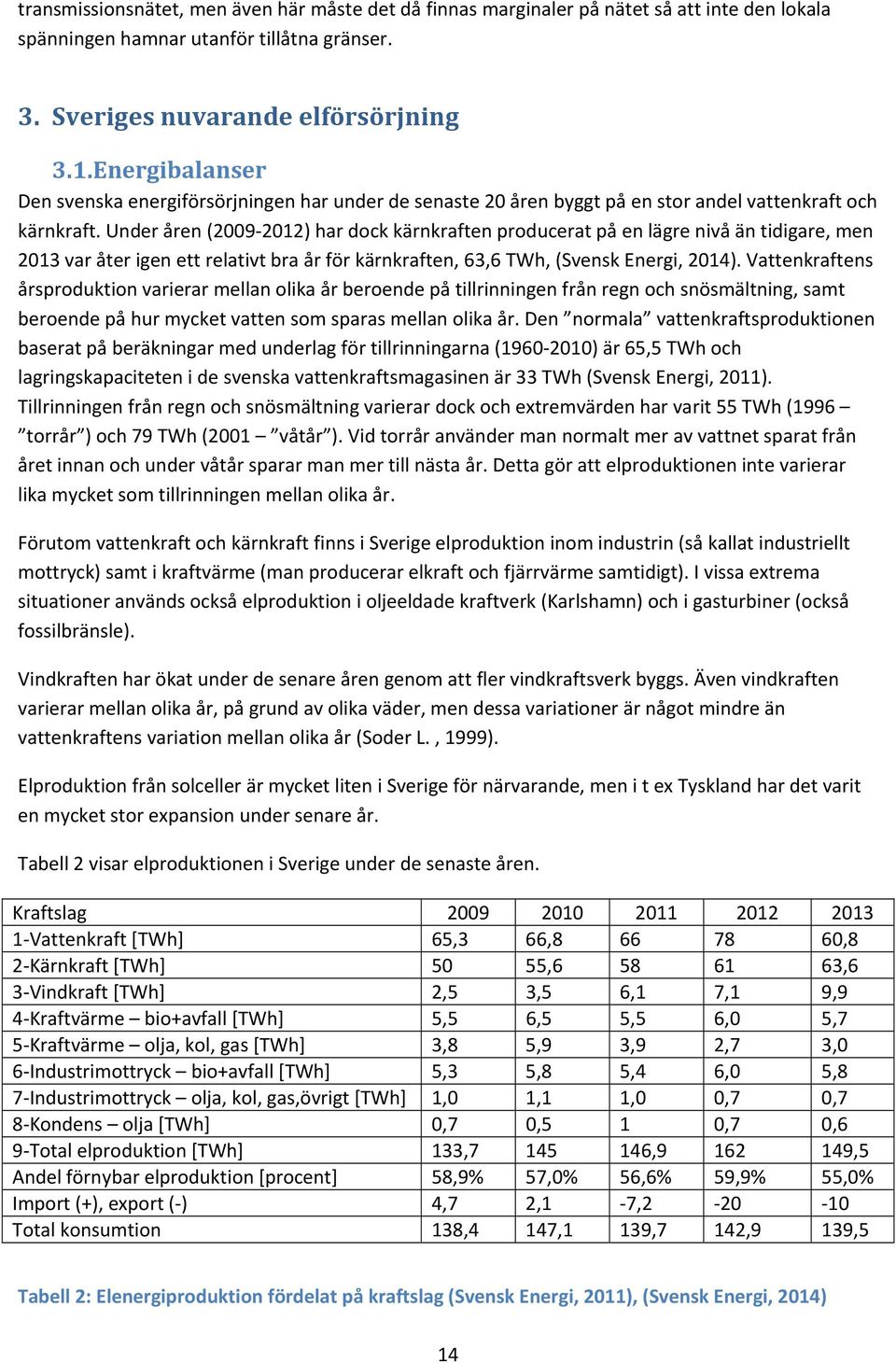 Under åren (2009 2012) har dock kärnkraften producerat på en lägre nivå än tidigare, men 2013 var åter igen ett relativt bra år för kärnkraften, 63,6 TWh, (Svensk Energi, 2014).