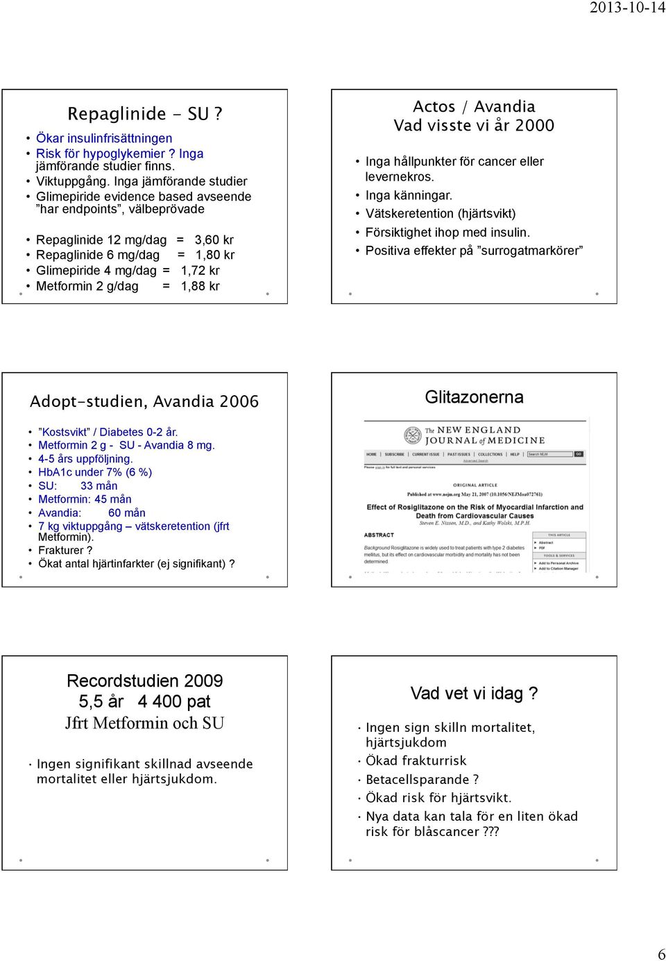 = 1,88 kr Actos / Avandia Vad visste vi år 2000 Inga hållpunkter för cancer eller levernekros. Inga känningar. Vätskeretention (hjärtsvikt) Försiktighet ihop med insulin.