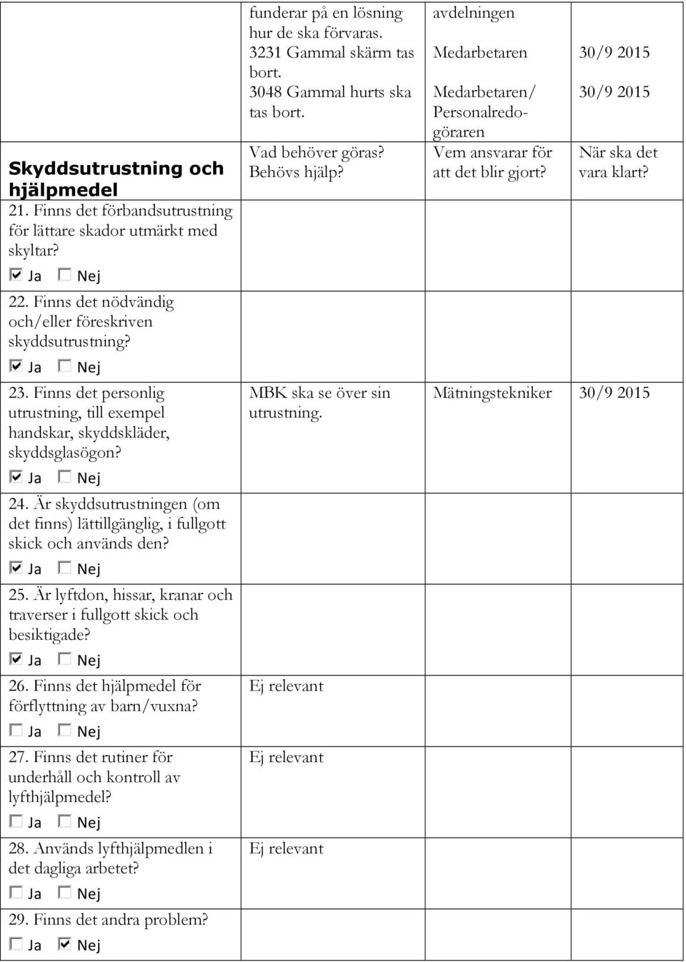 Är lyftdon, hissar, kranar och traverser i fullgott skick och besiktigade? 26. Finns det hjälpmedel för förflyttning av barn/vuxna? 27. Finns det rutiner för underhåll och kontroll av lyfthjälpmedel?