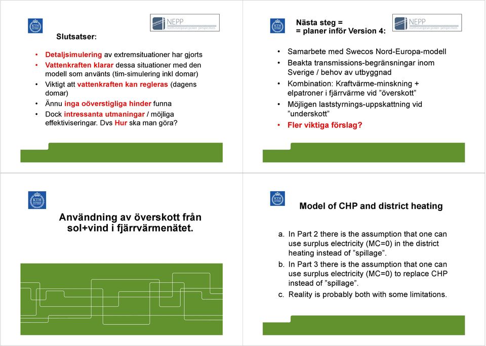Nästa steg = = planer inför Version 4: Samarbete med Swecos Nord-Europa-modell Beakta transmissions-begränsningar inom Sverige / behov av utbyggnad Kombination: Kraftvärme-minskning + elpatroner i