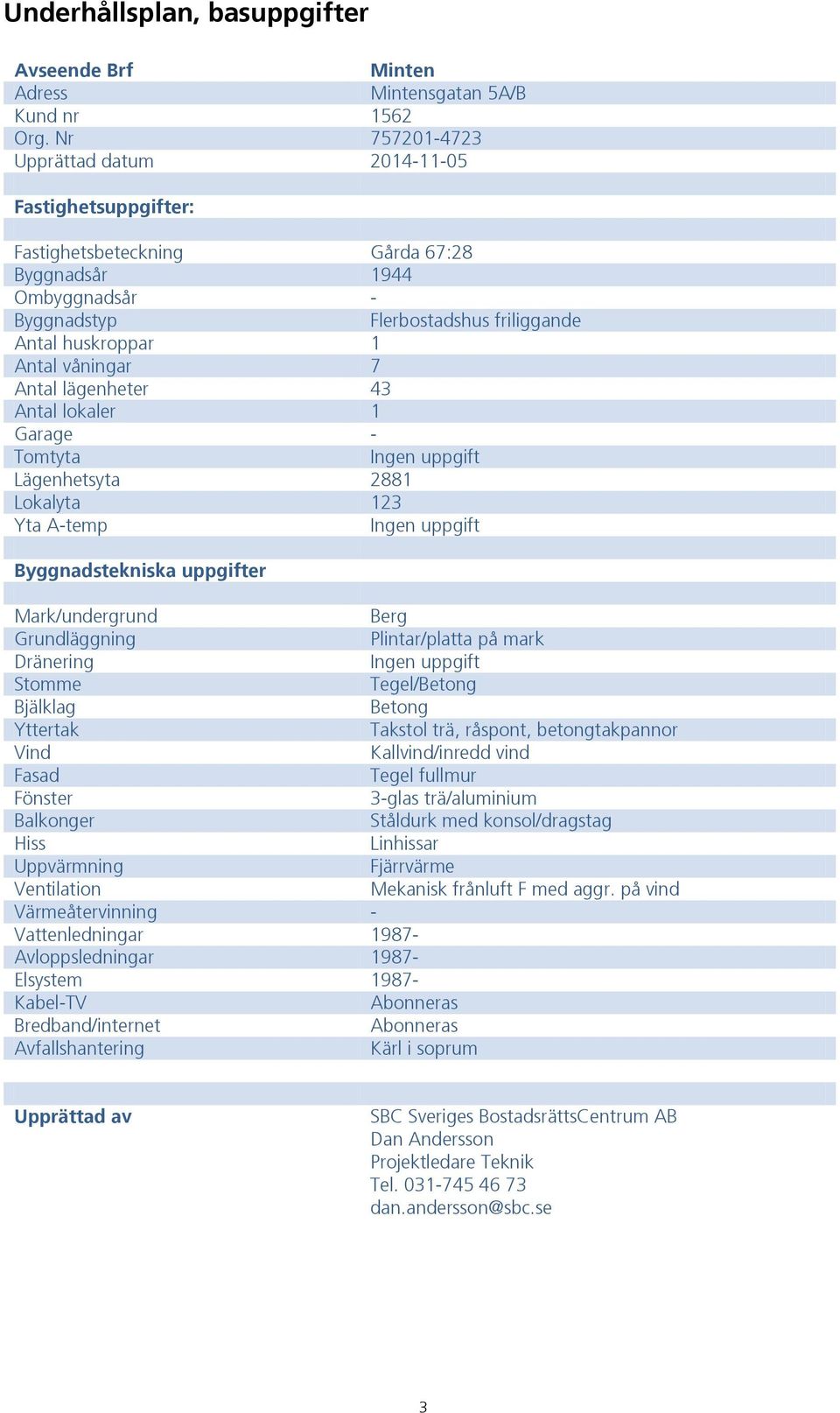 7 Antal lägenheter 43 Antal lokaler 1 Garage - Tomtyta Ingen uppgift Lägenhetsyta 2881 Lokalyta 123 Yta A-temp Ingen uppgift Byggnadstekniska uppgifter Mark/undergrund Berg Grundläggning