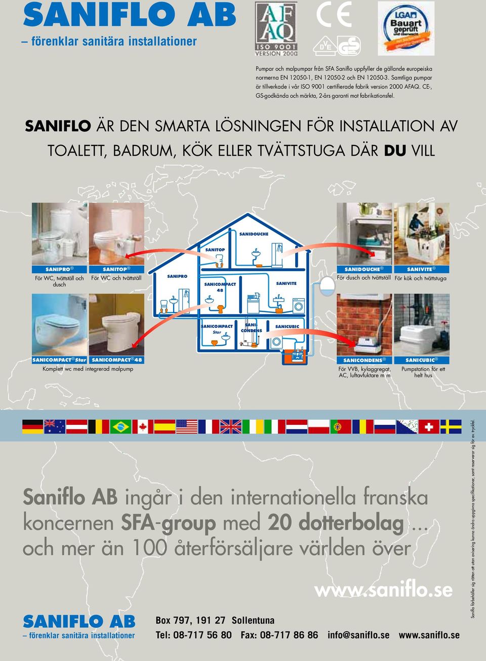 SANIFLO ÄR DEN SMARTA LÖSNINGEN FÖR INSTALLATION AV TOALETT, BADRUM, KÖK ELLER TVÄTTSTUGA DÄR DU VILL SANIDOUCHE SANITOP SANIPRO För WC, tvättställ och dusch SANITOP För WC och tvättställ SANIPRO