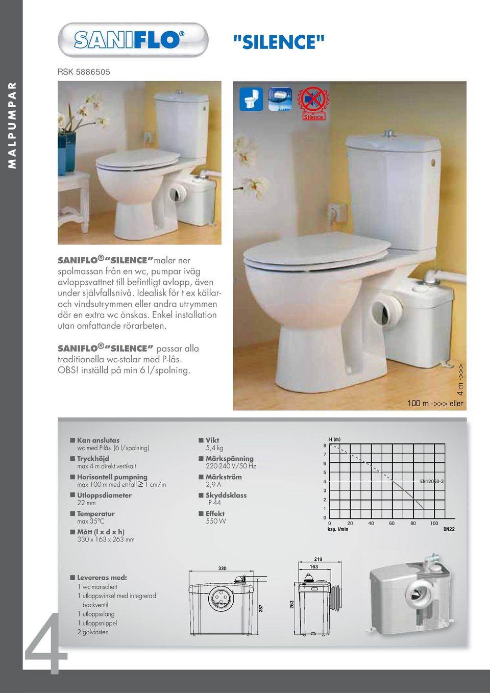 SANIFLO SILENCE passar alla traditionella wc-stolar med P-lås. OBS! inställd på min 6 l/spolning.