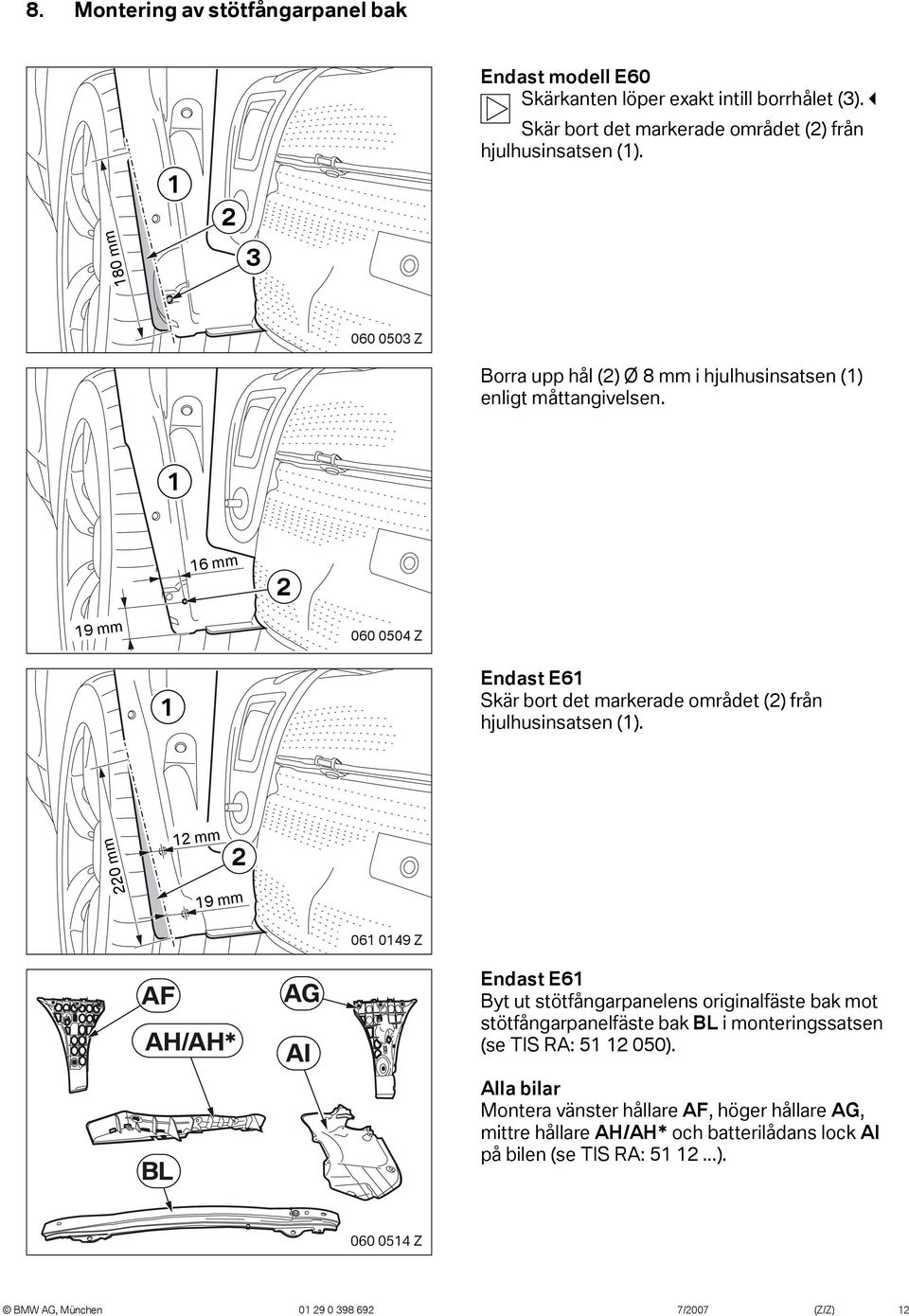 6 mm 9 mm 060 0504 Z Endast E6 Skär bort det markerade området () från hjulhusinsatsen ().