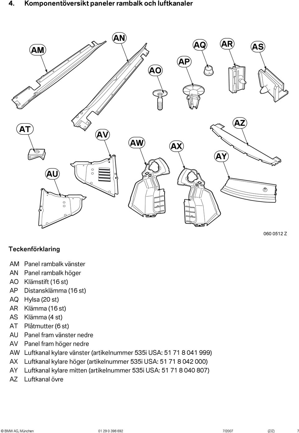 vänster nedre AV Panel fram höger nedre AW Luftkanal kylare vänster (artikelnummer 535i USA: 5 7 8 04 999) AX Luftkanal kylare höger (artikelnummer