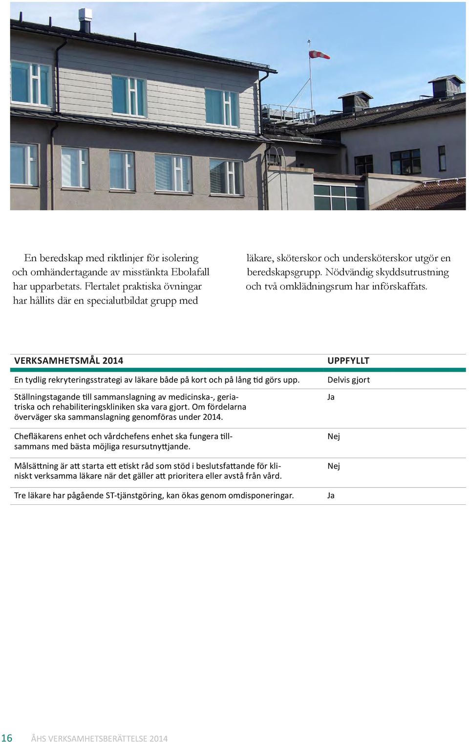 Nödvändig skyddsutrustning och två omklädningsrum har införskaffats. VERKSAMHETSMÅL 2014 UPPFYLLT En tydlig rekryteringsstrategi av läkare både på kort och på lång tid görs upp.