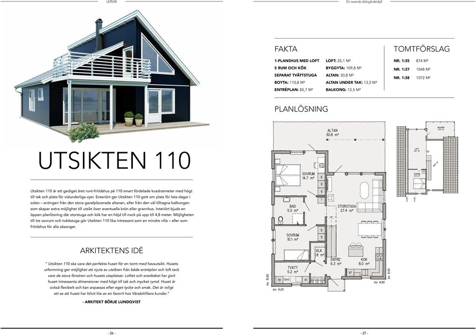 vyer. Exteriört ger Utsikten 110 gott om plats för lata dagar i solen antingen från den stora gavelplacerade altanen, eller från den väl tilltagna balkongen som skapar extra möjlighet till utsikt