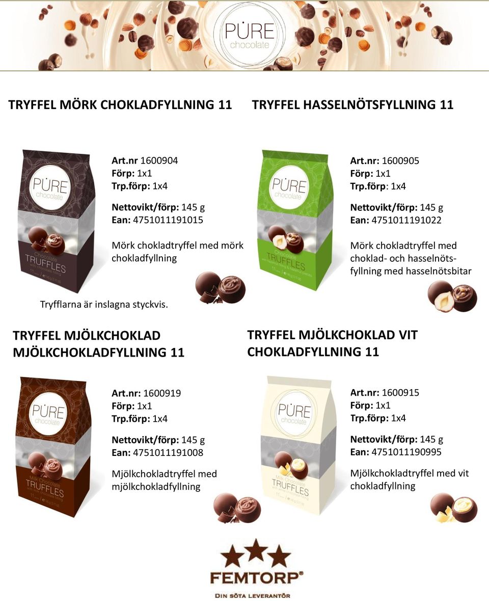 förp: 1x4 Nettovikt/förp: 145 g Ean: 4751011191022 Mörk chokladtryffel med choklad- och hasselnötsfyllning med hasselnötsbitar Tryfflarna är inslagna styckvis.