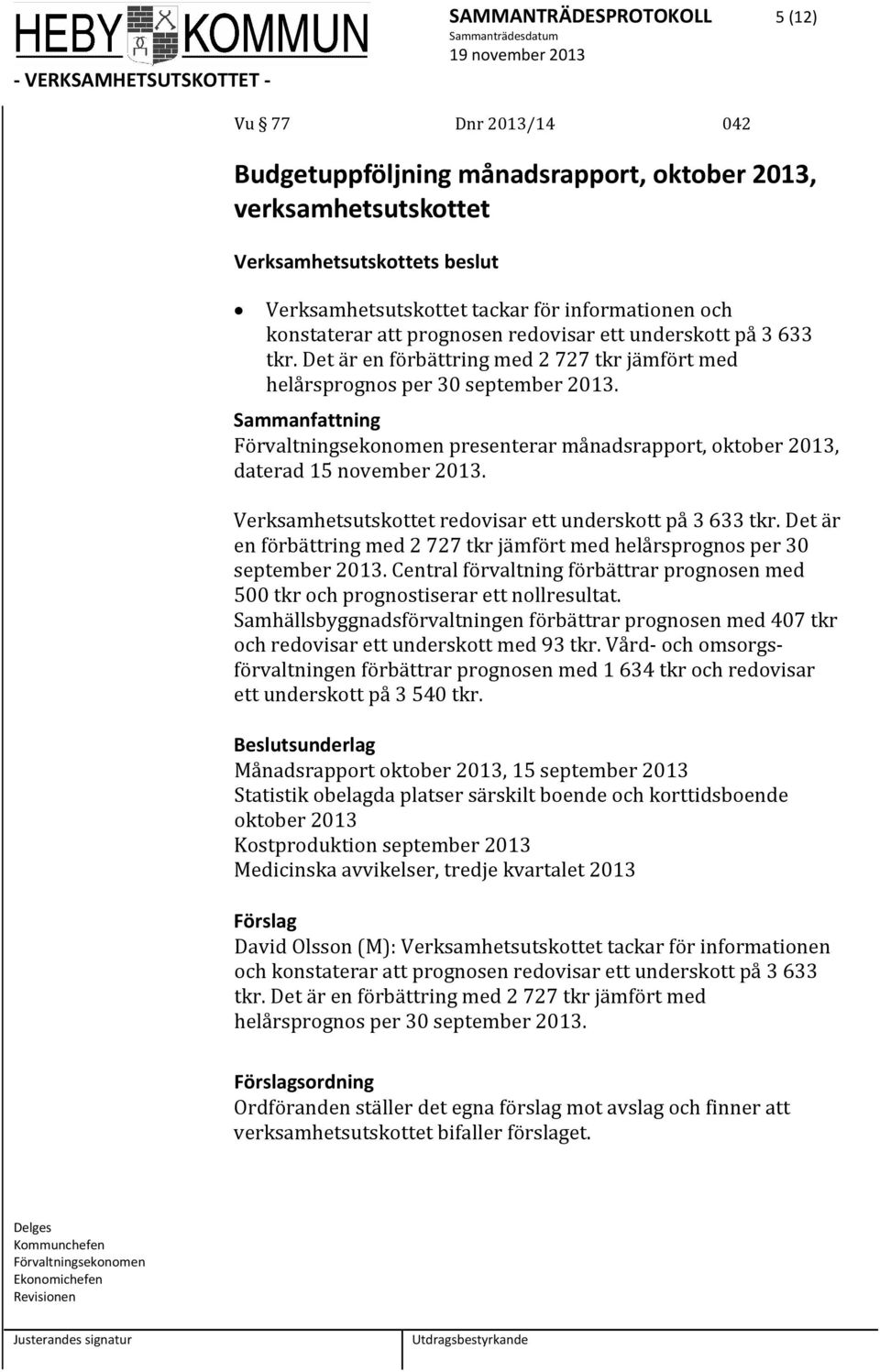 Förvaltningsekonomen presenterar månadsrapport, oktober 2013, daterad 15 november 2013. Verksamhetsutskottet redovisar ett underskott på 3 633 tkr.