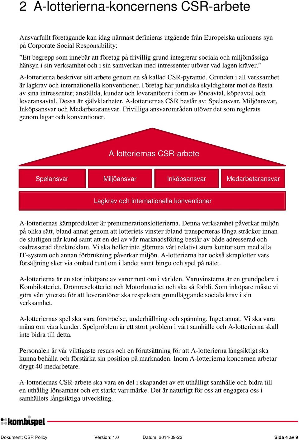 A-lotterierna beskriver sitt arbete genom en så kallad CSR-pyramid. Grunden i all verksamhet är lagkrav och internationella konventioner.