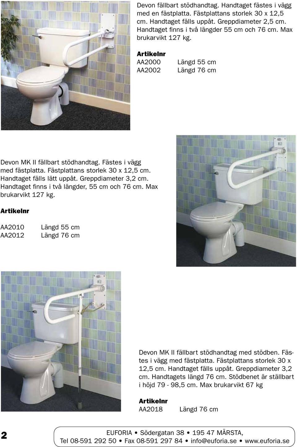 Fästplattans storlek 30 x 12,5 cm. Handtaget fälls lätt uppåt. Greppdiameter 3,2 cm. Handtaget finns i två längder, 55 cm och 76 cm. Max brukarvikt 127 kg.